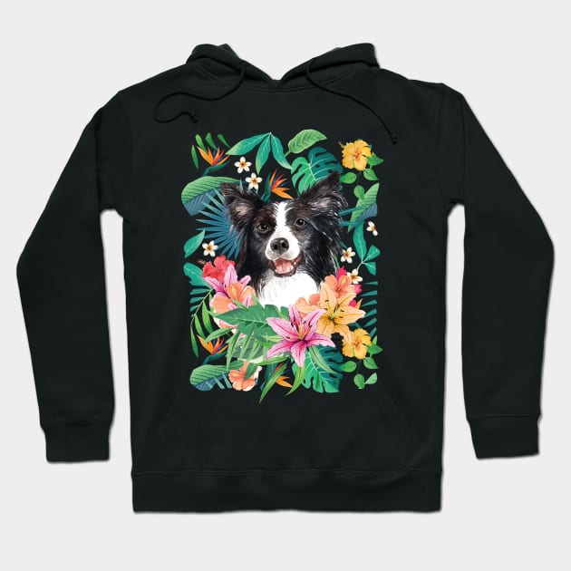 Tropical Black White Border Collie 2 Hoodie by LulululuPainting